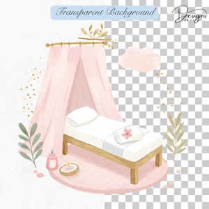 May include: Watercolor illustration of a spa scene with a massage table under a pink canopy. A rolled towel with a flower, a candle, and a bottle are on a pink rug. The words "Transparent Background" are at the top.