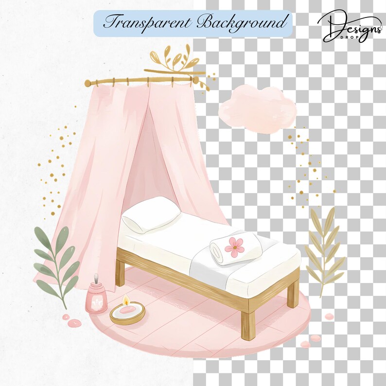 May include: Watercolor illustration of a spa scene with a massage table under a pink canopy. A rolled towel with a flower, a candle, and a bottle are on a pink rug. The words "Transparent Background" are at the top.