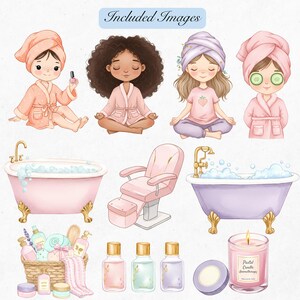 Whimsical self-care clipart with spa bed, bathtub, vanity mirror and decor