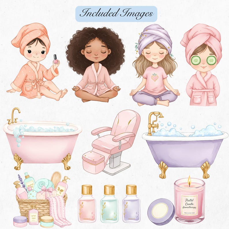 Whimsical self-care clipart with spa bed, bathtub, vanity mirror and decor