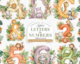Safari Animals Letters Numbers Clipart, ABC 123 PNG,Jungle Alphabet Set, Wild One Birthday, Nursery Decor