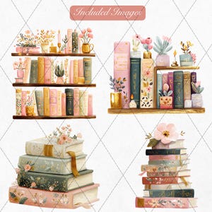 Floral book stack clipart PNG — hand-painted gouache style hardcover books with gold foil spine lettering in blush pink and sage green, bookworm stickers for planners and scrapbooking
