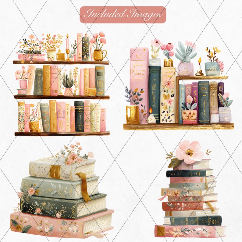 Floral book stack clipart PNG — hand-painted gouache style hardcover books with gold foil spine lettering in blush pink and sage green, bookworm stickers for planners and scrapbooking