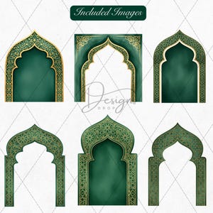May include: A collection of six digitally created images of arched doorways in shades of green and gold. The designs feature intricate geometric and floral patterns, with the text "Included Images" at the top.