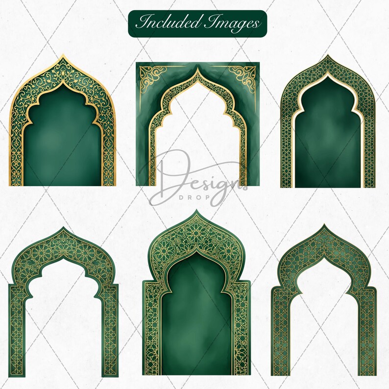 May include: A collection of six digitally created images of arched doorways in shades of green and gold. The designs feature intricate geometric and floral patterns, with the text "Included Images" at the top.