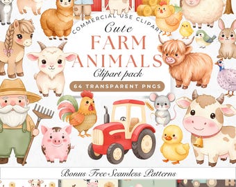 Farm Animal Clipart - Watercolor - Cute Farm Png - Cow - Pig - Horse - Barn - Commercial Use