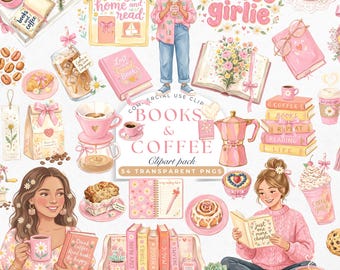 Bücher und Kaffee Clipart | Bücherwurm Kaffee Liebhaber PNG | Buchliebhaber Geschenk Digitaler Download | BookTok Planer Aufkleber | Kaffeeliebhaber Ästhetik