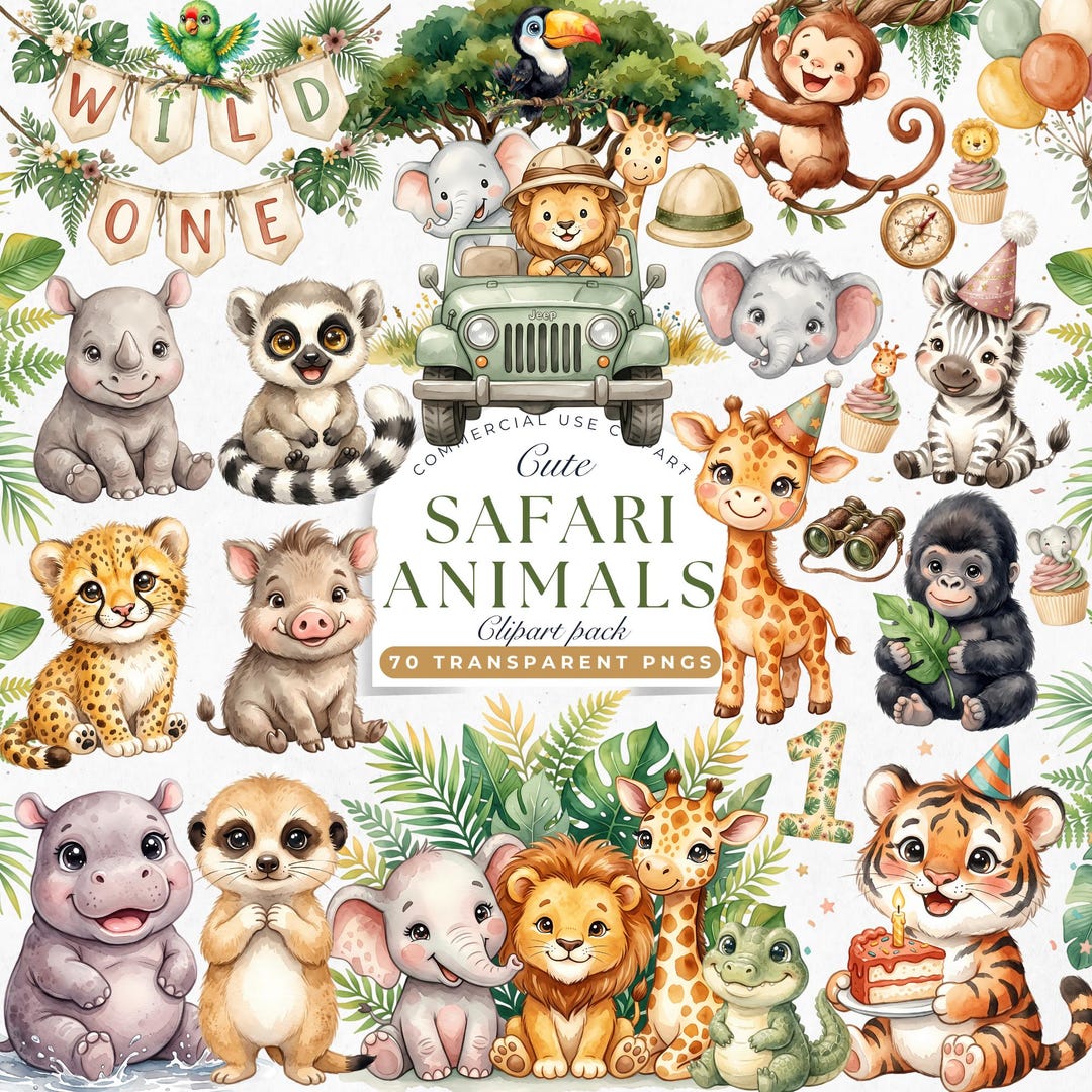 Safari Animals Clipart | Cute Jungle Animals PNG | Wild One Birthday ...
