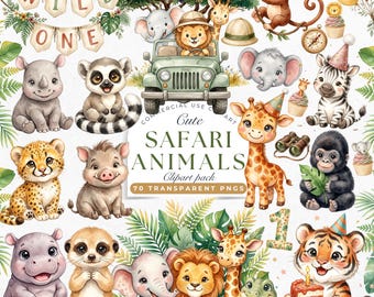 Safari Animals Clipart | Cute Jungle Animals PNG | Wild One Birthday | Lion Giraffe Elephant Nursery Graphics | Baby Safari Animals