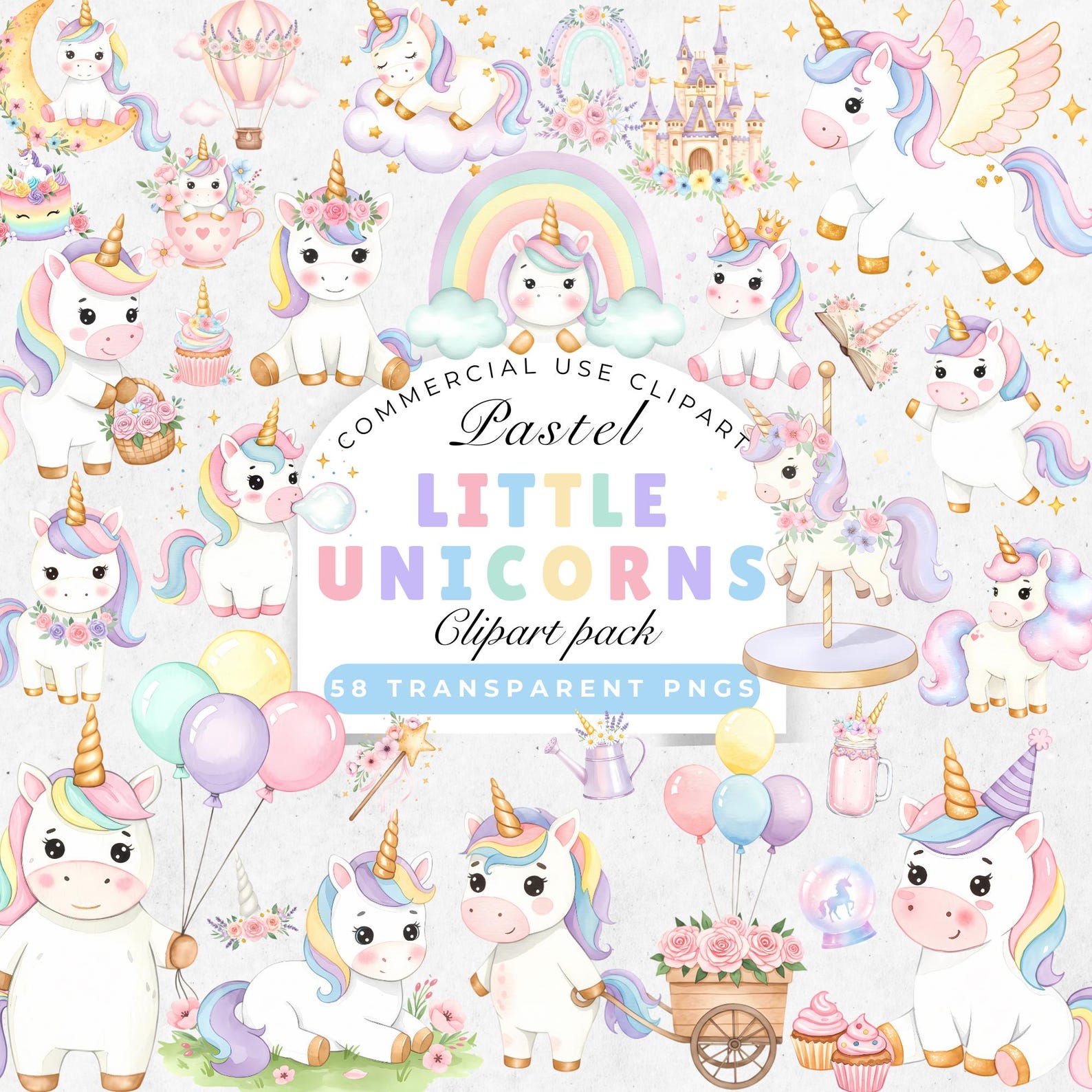 Pastel Unicorn Clipart PNG | Cute Watercolor Baby Unicorns With Flowers ...