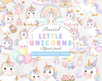 Pastel Unicorn Clipart PNG | Cute Watercolor Baby Unicorns with Flowers, Rainbows, Castle | Magical Unicorn Nursery & Birthday Party Art