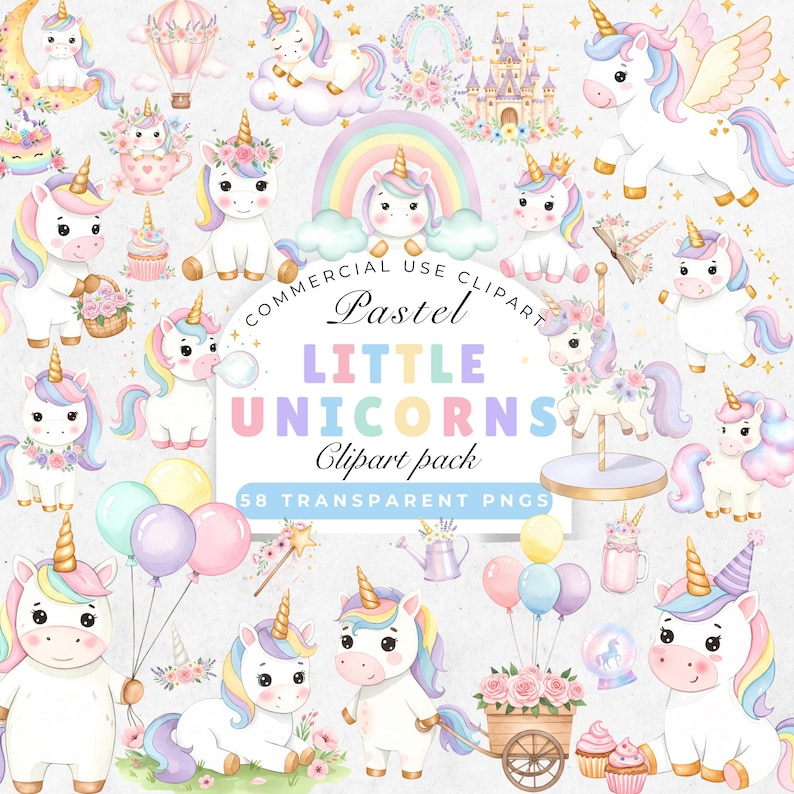 Pastel Unicorn Clipart PNG | Cute Watercolor Baby Unicorns With Flowers ...