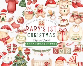 Baby First Christmas Clipart: Watercolor Christmas Baby Clothesline PNG (Digital Download)
