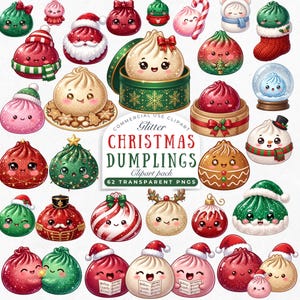 May include: A collection of digital illustrations featuring cute, anthropomorphic dumplings with faces, decorated with Christmas themes like Santa hats, reindeer antlers, and glittery textures. The central text reads: Glitter CHRISTMAS DUMPLINGS.
