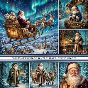 May include: A collection of 37 digital images featuring Santa Claus in various scenes, including flying in a sleigh with reindeer, working in a workshop, and walking through snowy forests, all with the text CHRISTMAS VINTAGE SANTA CLIPART - 37 PNG IMAGES.