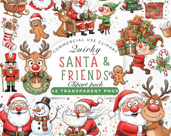 Santa Reindeer Christmas Clipart: Watercolor Santa Clipart, Reindeer Christmas PNG, Funny Festive Holiday Graphics (Digital Download)