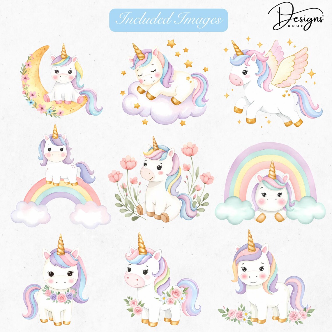 Pastel Unicorn Clipart PNG | Cute Watercolor Baby Unicorns With Flowers ...