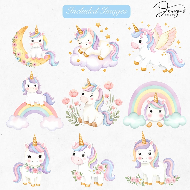 Pastel Unicorn Clipart PNG | Cute Watercolor Baby Unicorns With Flowers ...