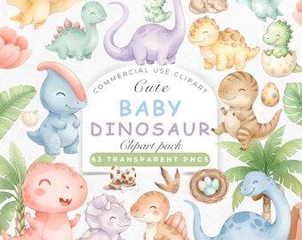 Watercolor Baby Dinosaur Clipart: 63 Dino PNGs (Digital Download)