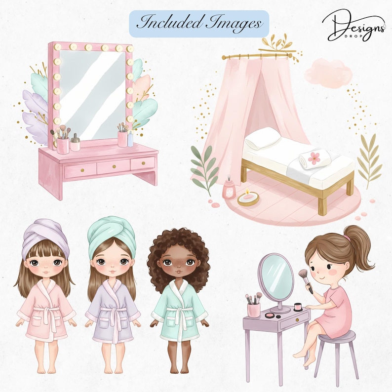 May include: Watercolor illustration featuring a pink vanity with a lighted mirror, a spa bed with a canopy, and three dolls in robes and head wraps. The image also includes a doll applying makeup and the text "Included Images".