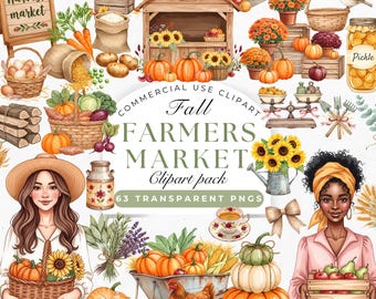 Fall Farmers Market Clipart Bundle, Autumn Clipart PNG, Watercolor Harvest Market, Cottagecore Farm Stand, Pumpkin Apple Sunflower Clip Art