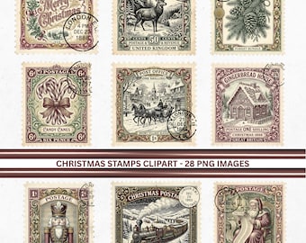 May include: A collection of nine rectangular postage stamps featuring vintage Christmas illustrations including a deer, candy canes, a gingerbread house, a nutcracker, a steam train, and Santa Claus, each with ornate borders and postmark stamps.