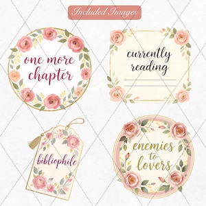 K&ouml;nnte beinhalten: Vier florale Grafiken mit Text. Dazu geh&ouml;ren ein rundes Design mit "one more chapter", ein quadratisches Design mit "currently reading", ein Anh&auml;nger mit "bibliophile" und ein rundes Design mit "enemies to lovers".