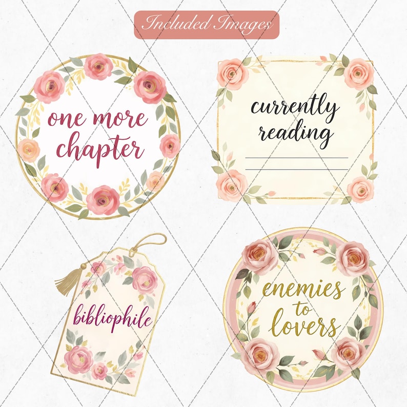 K&ouml;nnte beinhalten: Vier florale Grafiken mit Text. Dazu geh&ouml;ren ein rundes Design mit "one more chapter", ein quadratisches Design mit "currently reading", ein Anh&auml;nger mit "bibliophile" und ein rundes Design mit "enemies to lovers".