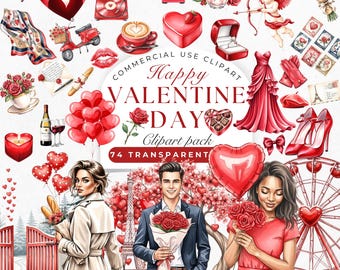 Watercolor Red Romantic Planner Clipart: Elegant Women Couples Café Graphics (74 PNG - Digital Download)