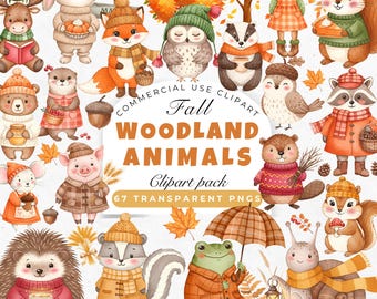 Fall Woodland Clipart Bundle, Woodland Animals Clipart, Watercolor Autumn Animals PNG, Fall Leaves, Trees, Wreaths, Nursery Clipart