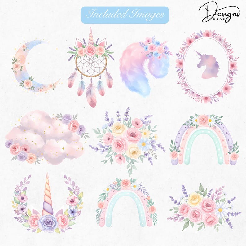 Pastel Unicorn Clipart PNG | Cute Watercolor Baby Unicorns With Flowers ...