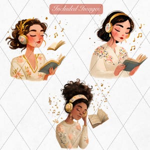 K&ouml;nnte beinhalten: Digitale Illustrationen von drei Frauen, die Kopfh&ouml;rer tragen und B&uuml;cher lesen, mit Noten, die um sie herum schweben. Der Text "Included Images" befindet sich oben im Bild.