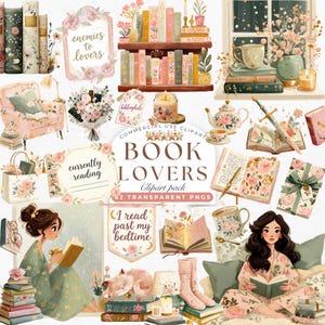 Book lover clipart bundle with 62 PNG illustrations in blush pink sage green and gold — bookish aesthetic clipart for planners stickers and commercial use. gouache illustrated bookish clipart, reader girl and floral book PNG stickers for GoodNotes and Canva templates, commercial license