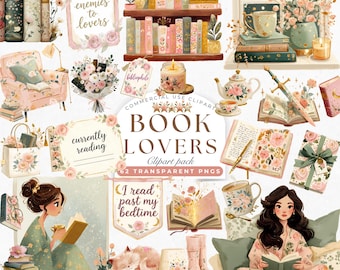 Buch Liebhaber Clipart Bundle | Bücherwurm Ästhetik PNG | Leseratte Mädchen Clipart | BookTok Planer Aufkleber | Zitate von Bücherlieben