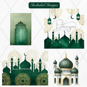 May include: A collection of watercolor images featuring Islamic architectural designs. The images include mosque silhouettes in dark green, gold geometric patterns, and a prayer rug design. The text "Designs Drop" is also included.