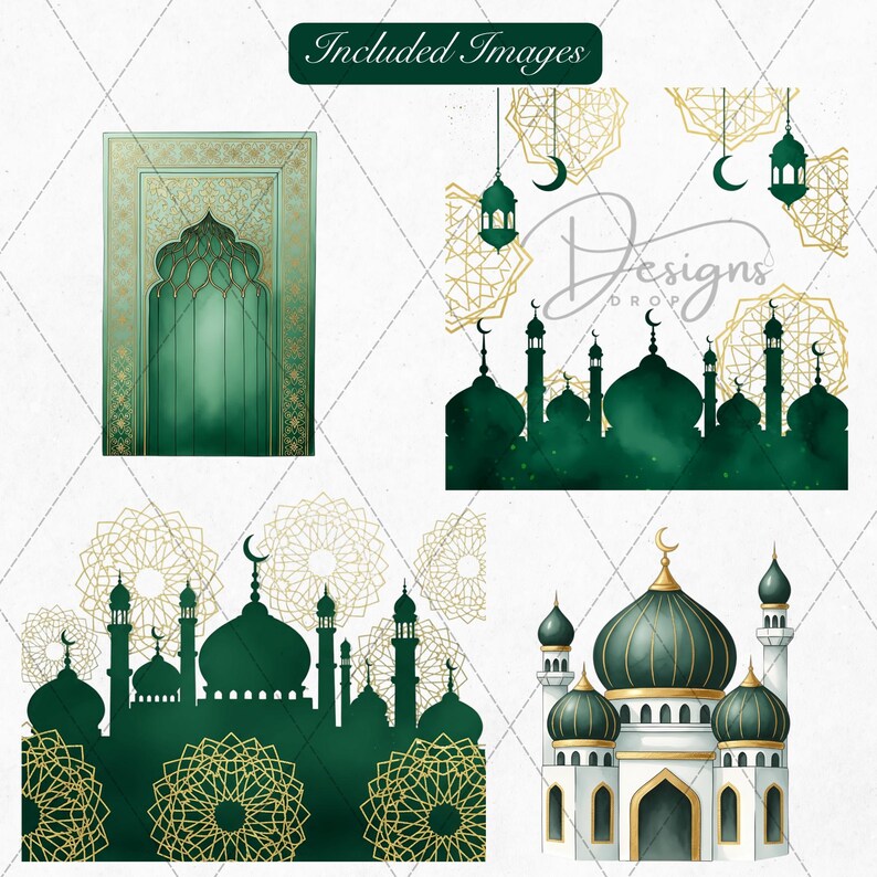 May include: A collection of watercolor images featuring Islamic architectural designs. The images include mosque silhouettes in dark green, gold geometric patterns, and a prayer rug design. The text "Designs Drop" is also included.