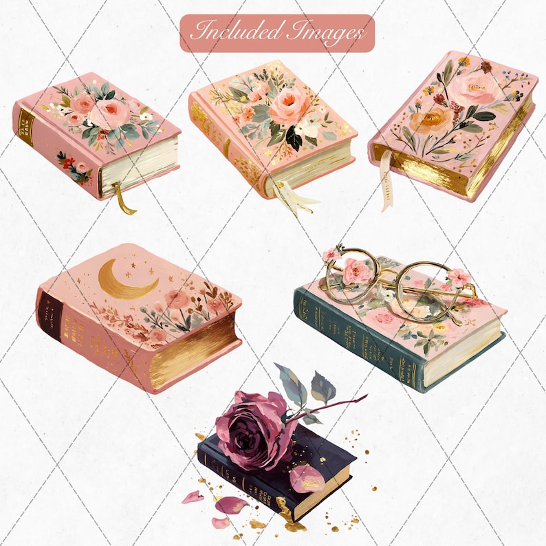 BookTok romantasy clipart PNG — celestial moon and stars book with gold foil, dark romance rose, bookish aesthetic illustration bundle