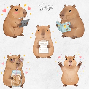 cute capybara png, capybara working on laptop, capybara reading book.