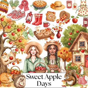 Aquarell Gemütlicher Herbst Apfel Clipart, Herbst PNG, Herbst Bauernhof Illustrationen, Rote Scheune, Mädchen, Cottagecore, Apfelernte, Digitale Aufkleber