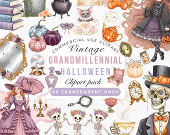 Grandmillennial Vintage Halloween Clipart Bundle, Pastel Halloween Watercolor Clipart, Coquette Halloween PNG, Ghost Pumpkin Witch Hat