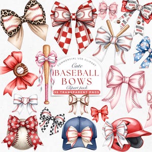 May include: A collection of baseball-themed bows in various designs. The bows feature baseball stitching, checkered patterns, and baseball bat accents. The color palette includes red, white, pink, and blue. The text "Cute Baseball Bows" is also visible.