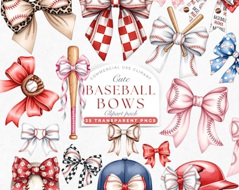 Watercolor Baseball Bow Clipart, Baseball Mom Bow Design, Sports Coquette Bow PNG, Baseball Softball Bow Sublimation