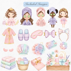 “Cute pastel spa clipart bundle with robes, slippers, bath bombs, and candles. Adorable spa girls in robes and headbands, kids spa birthday party clipart PNG