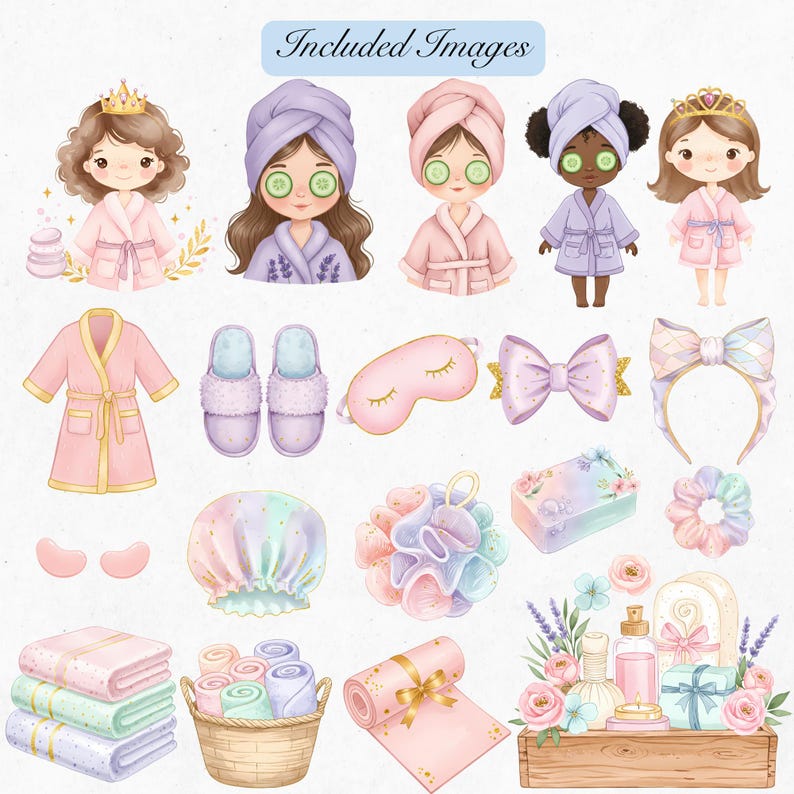“Cute pastel spa clipart bundle with robes, slippers, bath bombs, and candles. Adorable spa girls in robes and headbands, kids spa birthday party clipart PNG