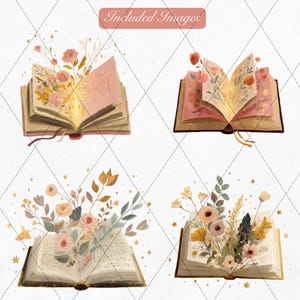 K&ouml;nnte beinhalten: Vier Aquarellillustrationen von offenen B&uuml;chern mit Blumenarrangements. Die B&uuml;cher haben rosa und goldene Seiten, und die Blumen sind in Rosa-, Pfirsich- und Gelbt&ouml;nen gehalten. Der Hintergrund ist wei&szlig; mit einem Rautenmuster.