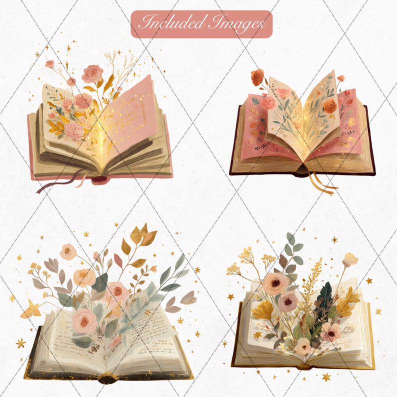 K&ouml;nnte beinhalten: Vier Aquarellillustrationen von offenen B&uuml;chern mit Blumenarrangements. Die B&uuml;cher haben rosa und goldene Seiten, und die Blumen sind in Rosa-, Pfirsich- und Gelbt&ouml;nen gehalten. Der Hintergrund ist wei&szlig; mit einem Rautenmuster.