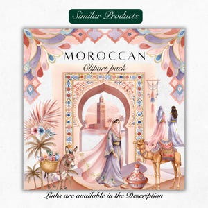 May include: Watercolor illustration of a Moroccan clipart pack. The image features a woman in a veil, a camel, a donkey, and a minaret. The text "MOROCCAN Clipart pack" is displayed at the top. The image has a soft, pastel color palette.