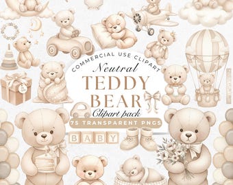 Imágenes prediseñadas de ositos de peluche en acuarela: Imágenes neutras para baby shower (descarga digital PNG)