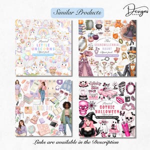 May include: Four digital clipart packs are displayed, featuring pastel unicorns, a grandmillennial haunt theme, school days, and pastel gothic Halloween designs. Text includes "Similar Products" and "Links are available in the Description."