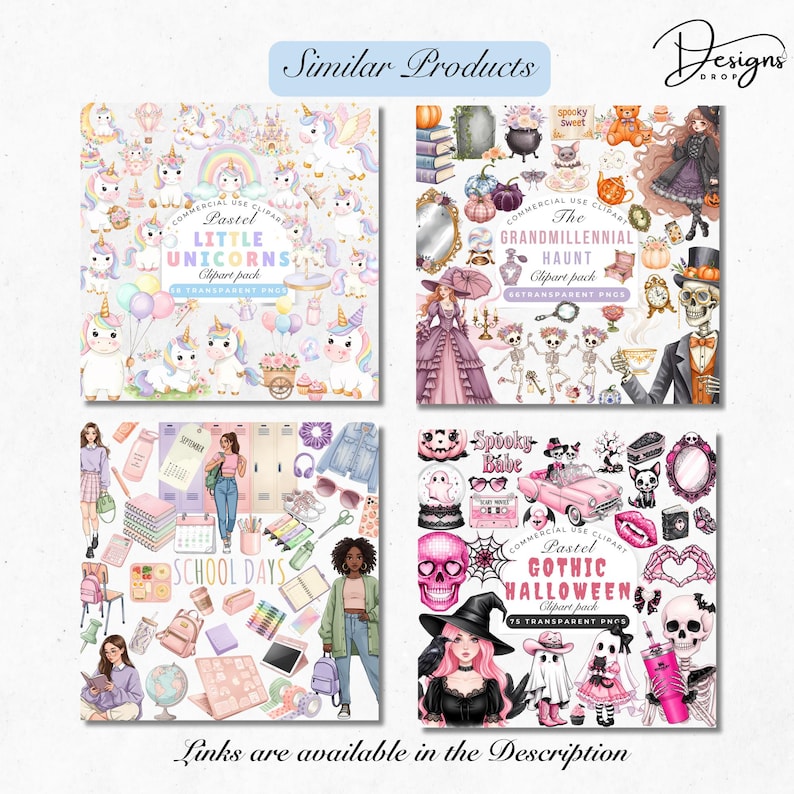 May include: Four digital clipart packs are displayed, featuring pastel unicorns, a grandmillennial haunt theme, school days, and pastel gothic Halloween designs. Text includes "Similar Products" and "Links are available in the Description."